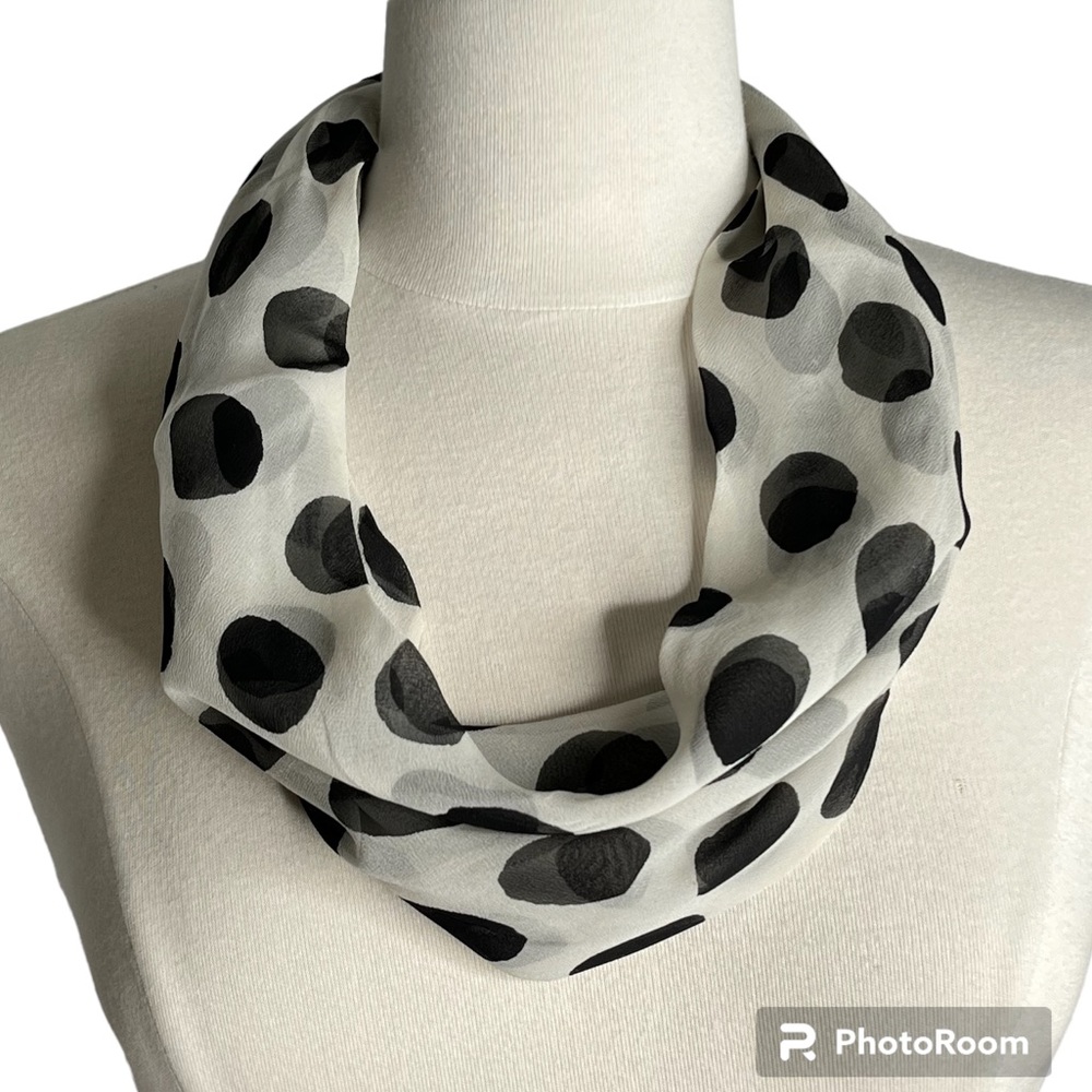 Vintage Scarf by Vera, Off White with Black Dots, Circle Scarf, Japan Silk Rayon